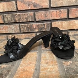 Ramon Tenza* Black Satin* and Leather *flower embellished *cone heel *size 9.5